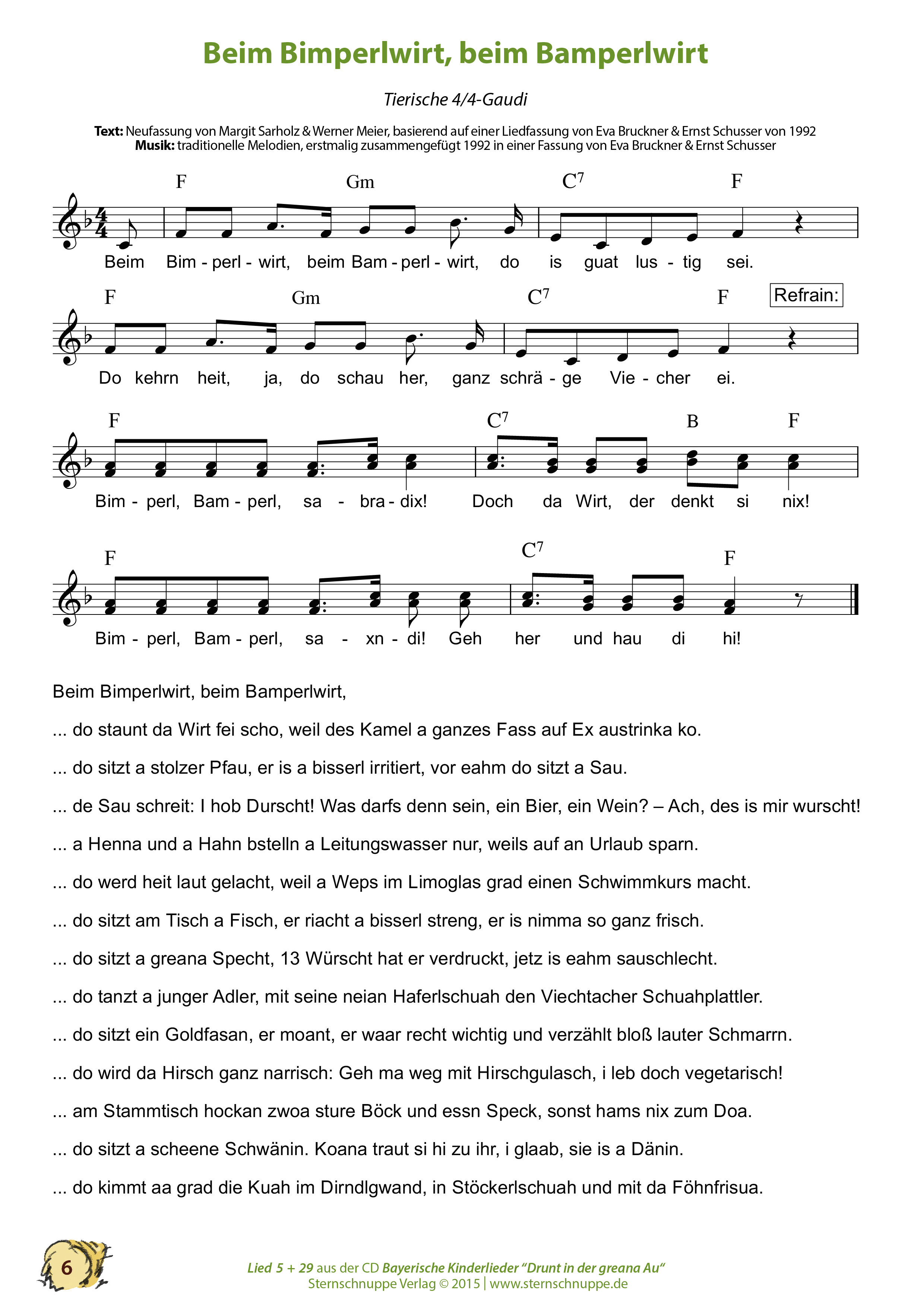 Liedtext, Akkorde und Noten vom Kinderlied Beim Bimperlwirt, beim Bamperlwirt (2. Besuch)