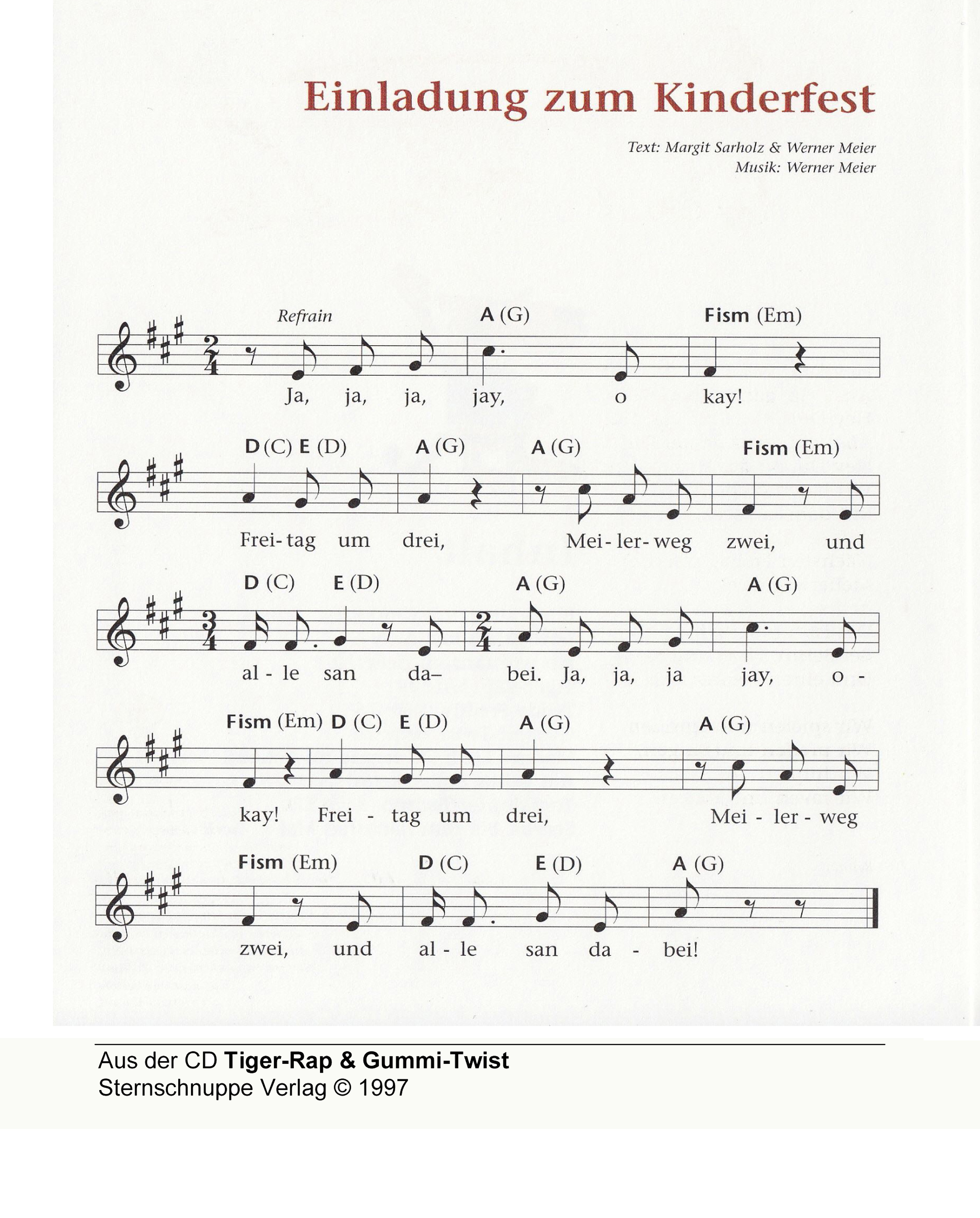 Liedtext, Akkorde und Noten vom Kinderlied Einladung zum Kinderfest