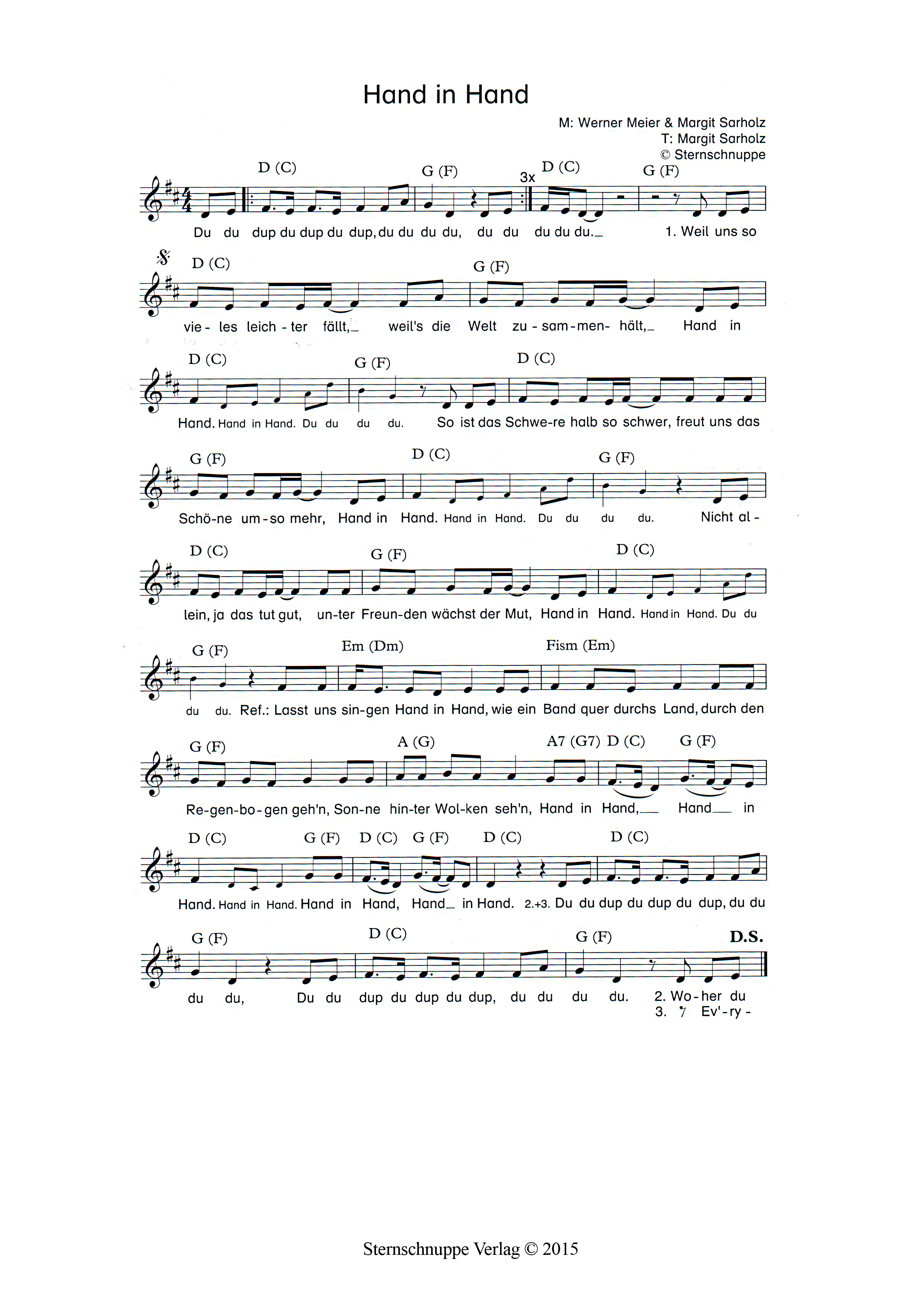 Liedtext, Akkorde und Noten vom Kinderlied Hand in Hand (Schüler-Hymne)