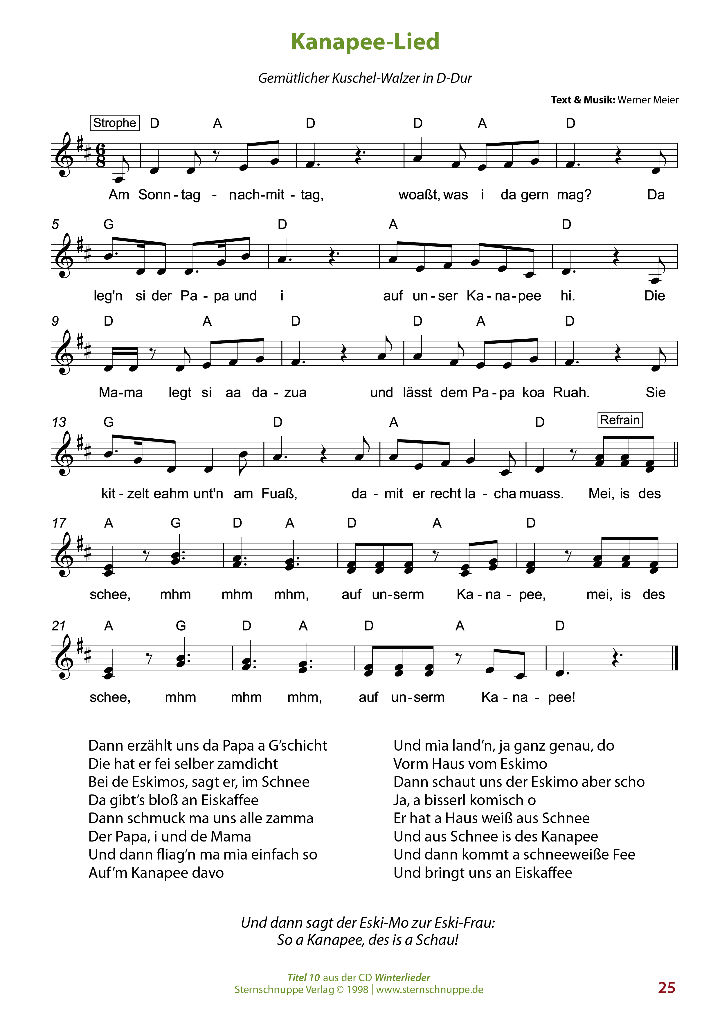 Liedtext, Akkorde und Noten vom Kinderlied Kanapee-Lied