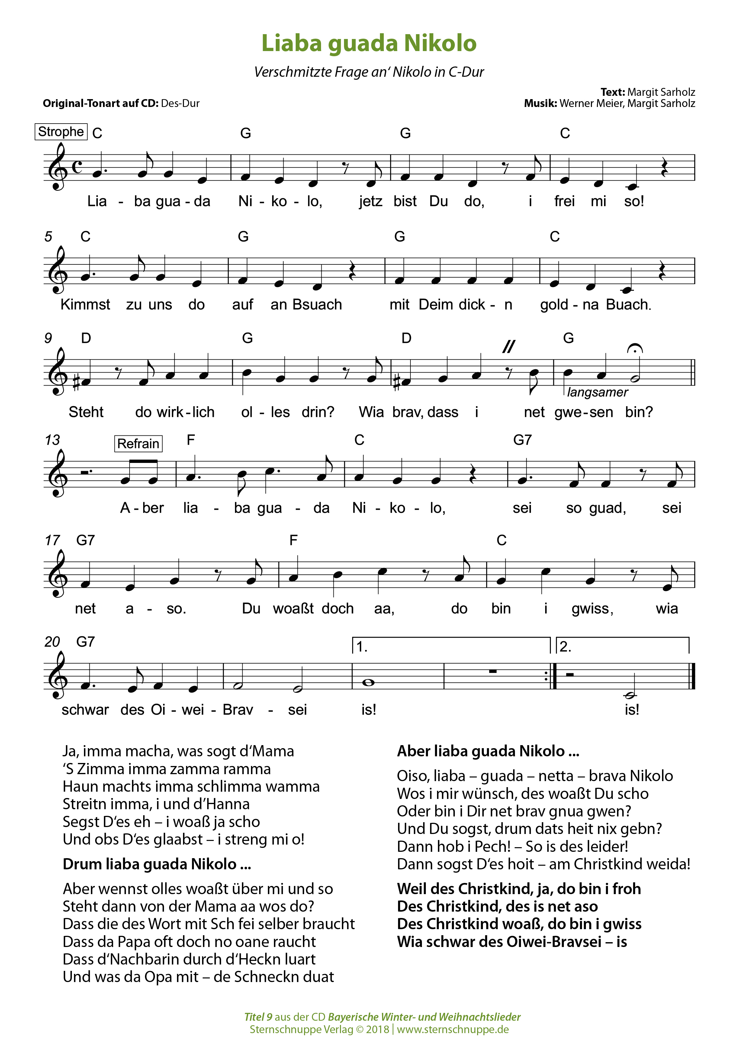 Liedtext, Akkorde und Noten vom Kinderlied Liaba guada Nikolo