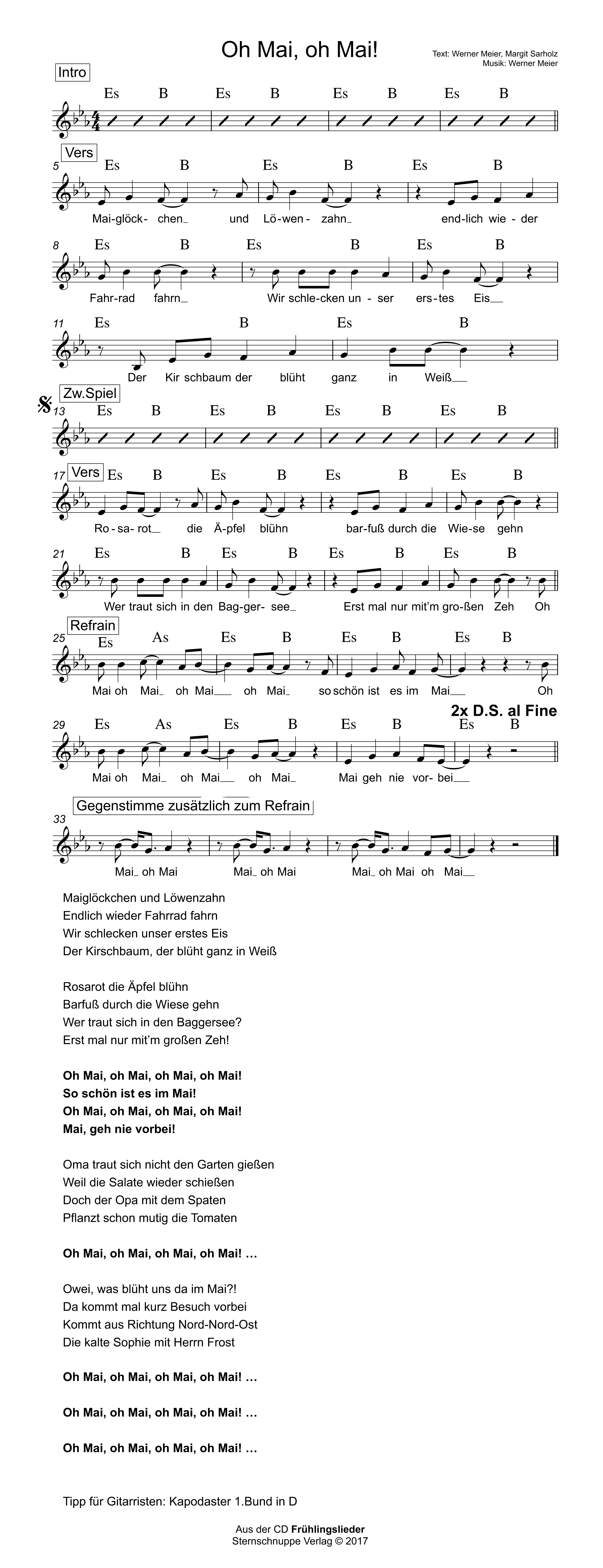 Liedtext, Akkorde und Noten vom Kinderlied Oh Mai, oh Mai!