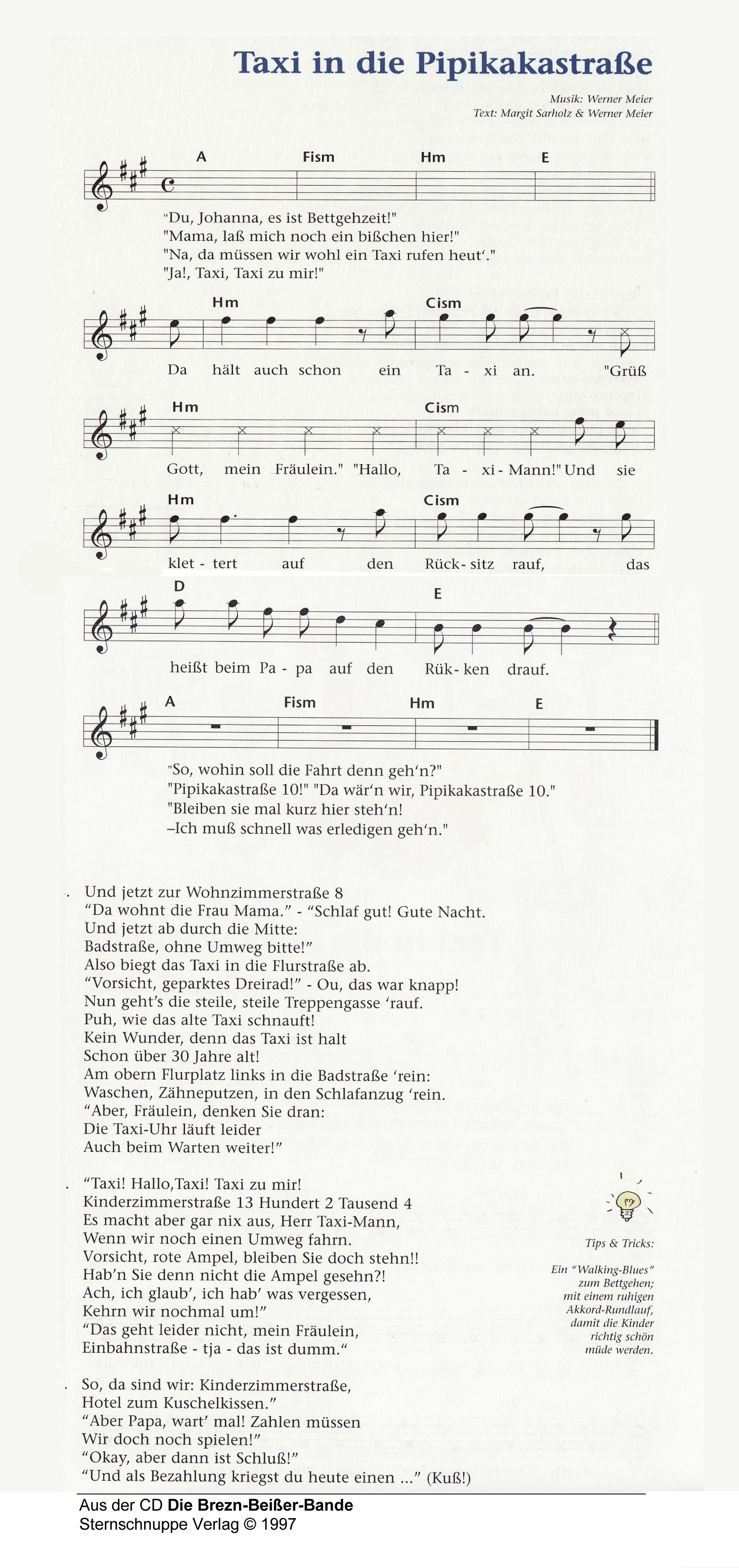 Liedtext, Akkorde und Noten vom Kinderlied Taxi in die Pipikakastraße