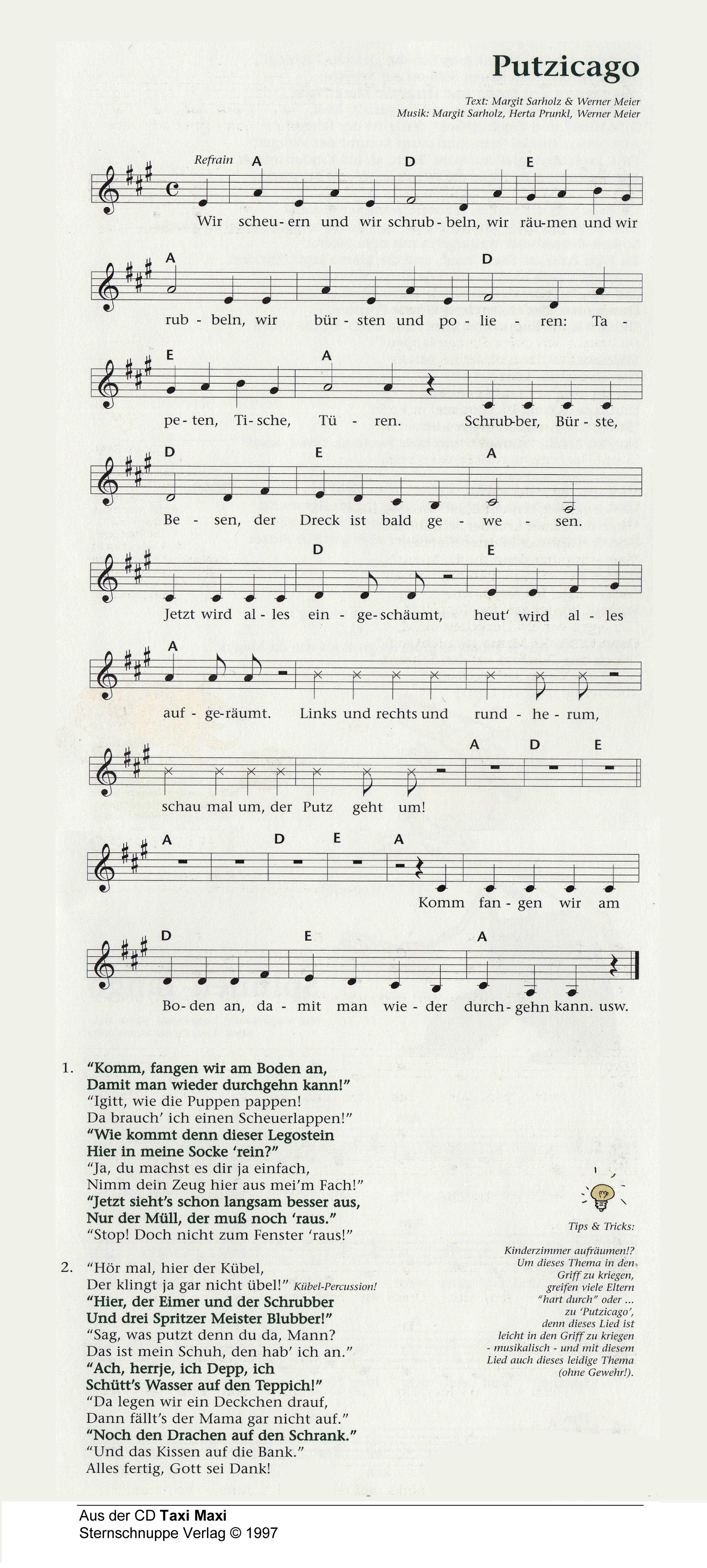 Liedtext, Akkorde und Noten vom Kinderlied Putzicago