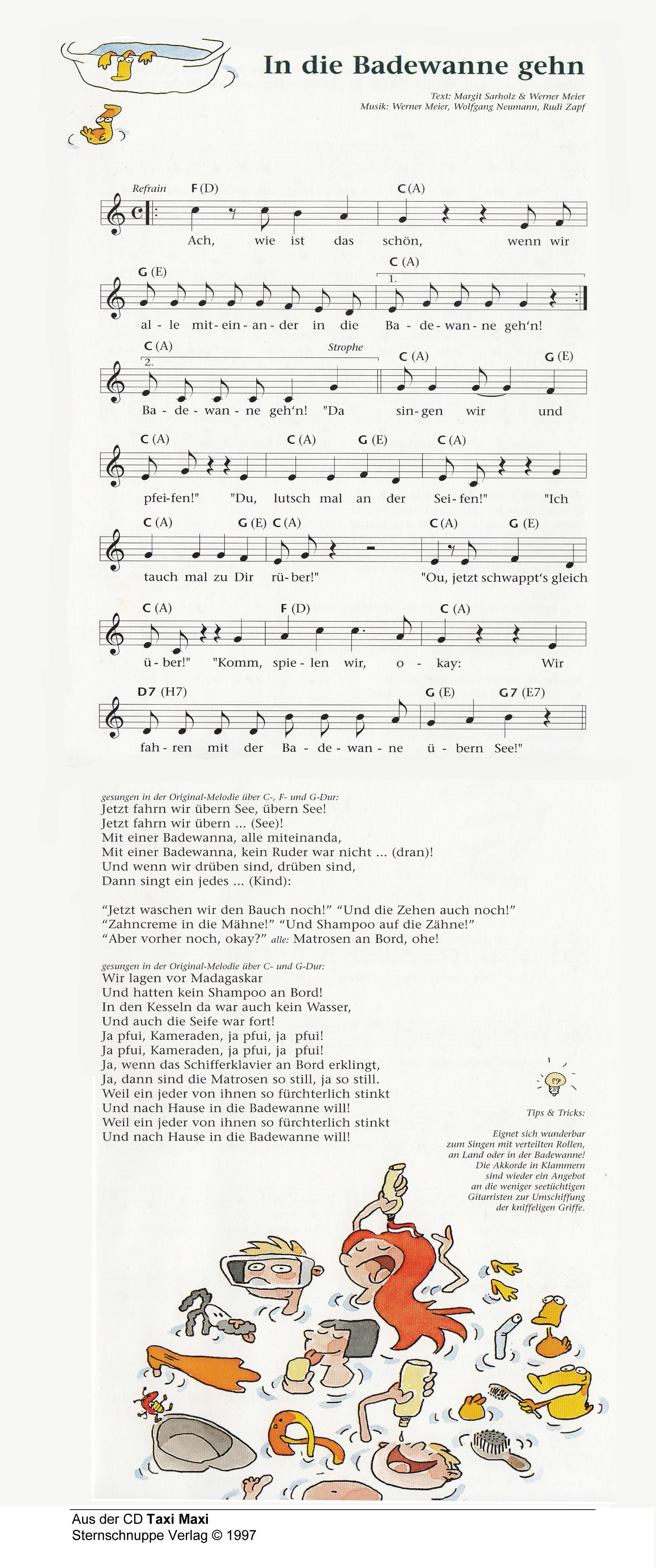 Liedtext, Akkorde und Noten vom Kinderlied In die Badewanne gehn