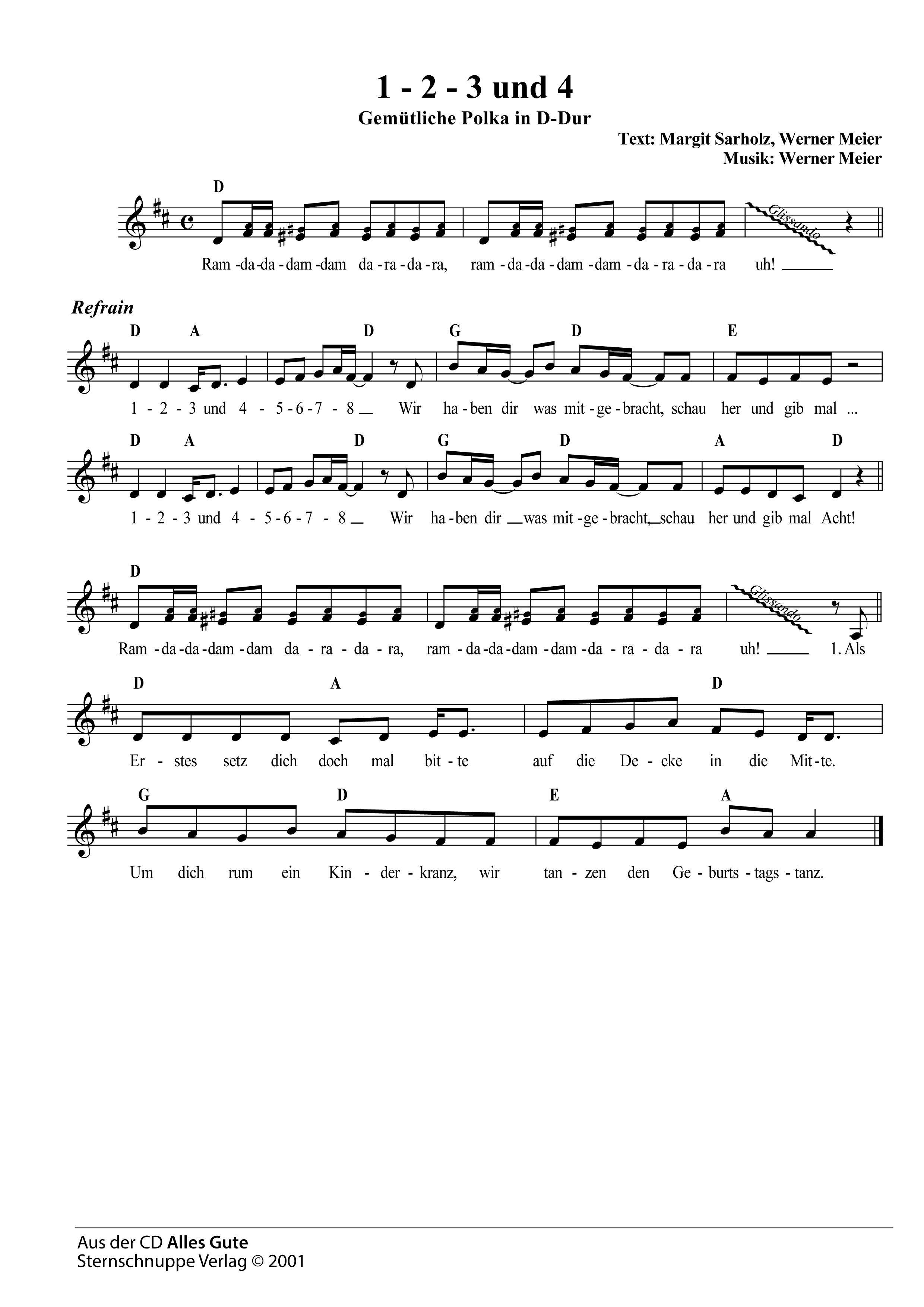 Liedtext, Akkorde und Noten vom Kinderlied 1-2-3 und 4 (Spiel-Lied)