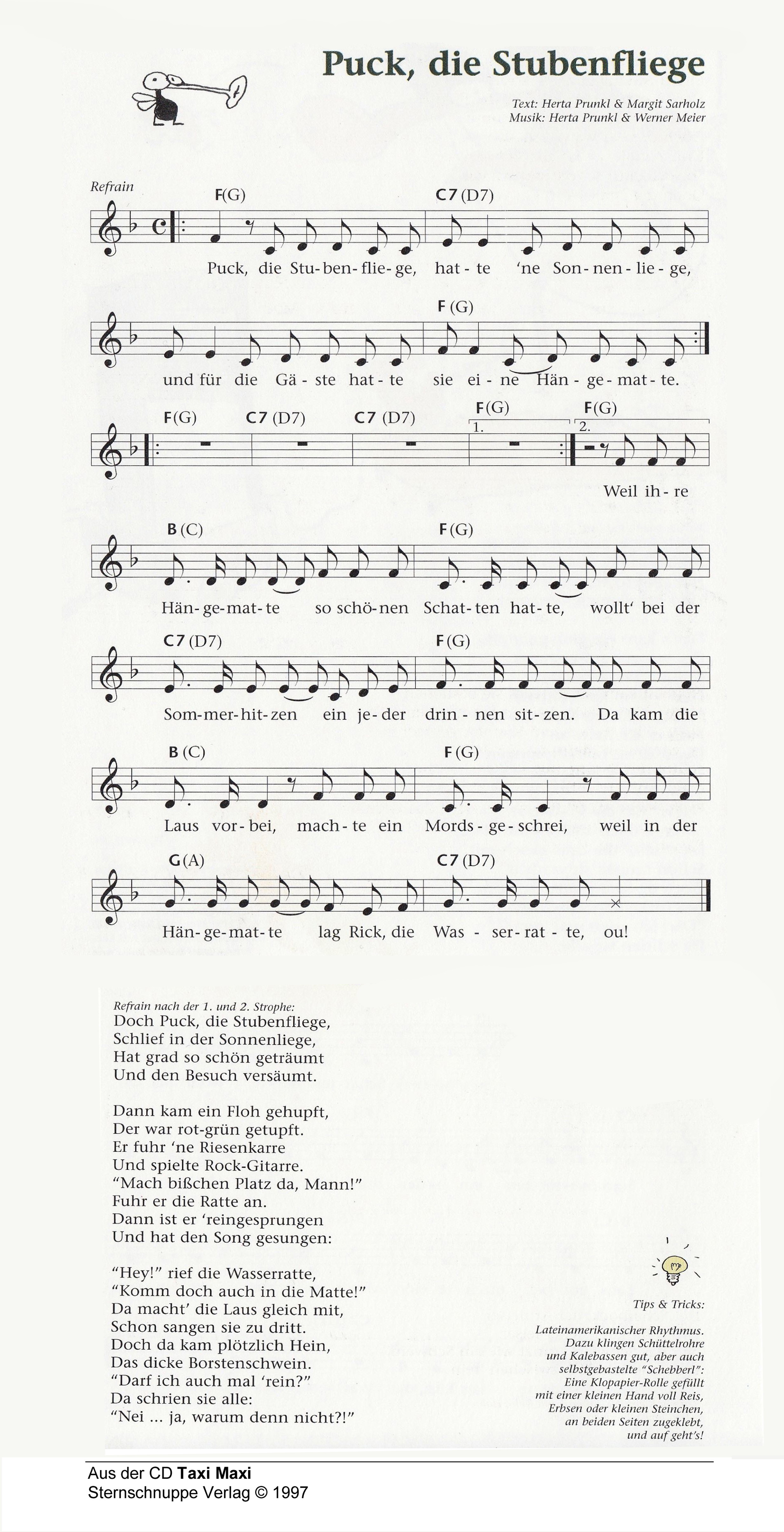 Liedtext, Akkorde und Noten vom Kinderlied Puck, die Stubenfliege