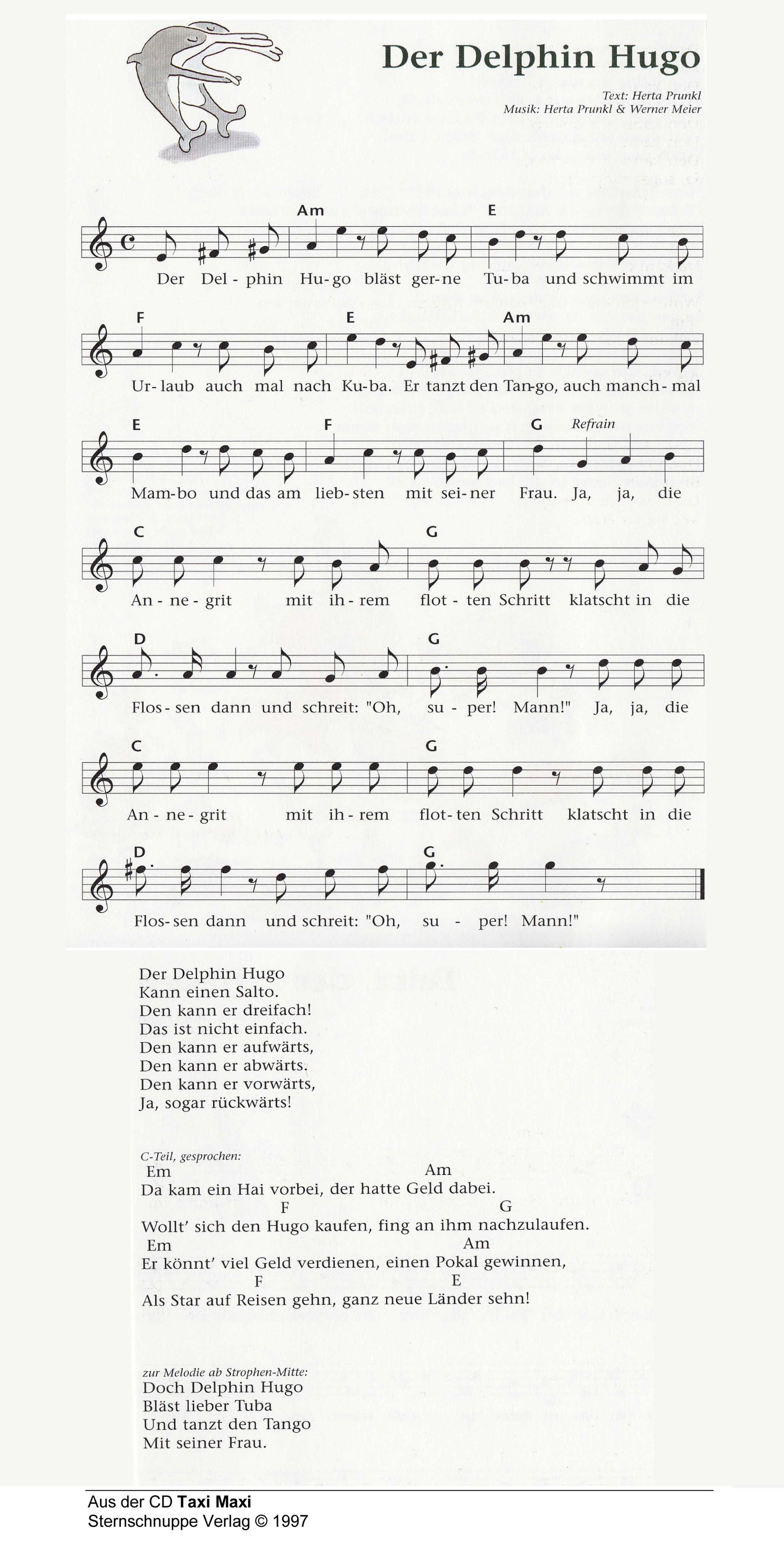 Liedtext, Akkorde und Noten vom Kinderlied Der Delfin Hugo (Remix fürs Kinder-Tanz-Fest)