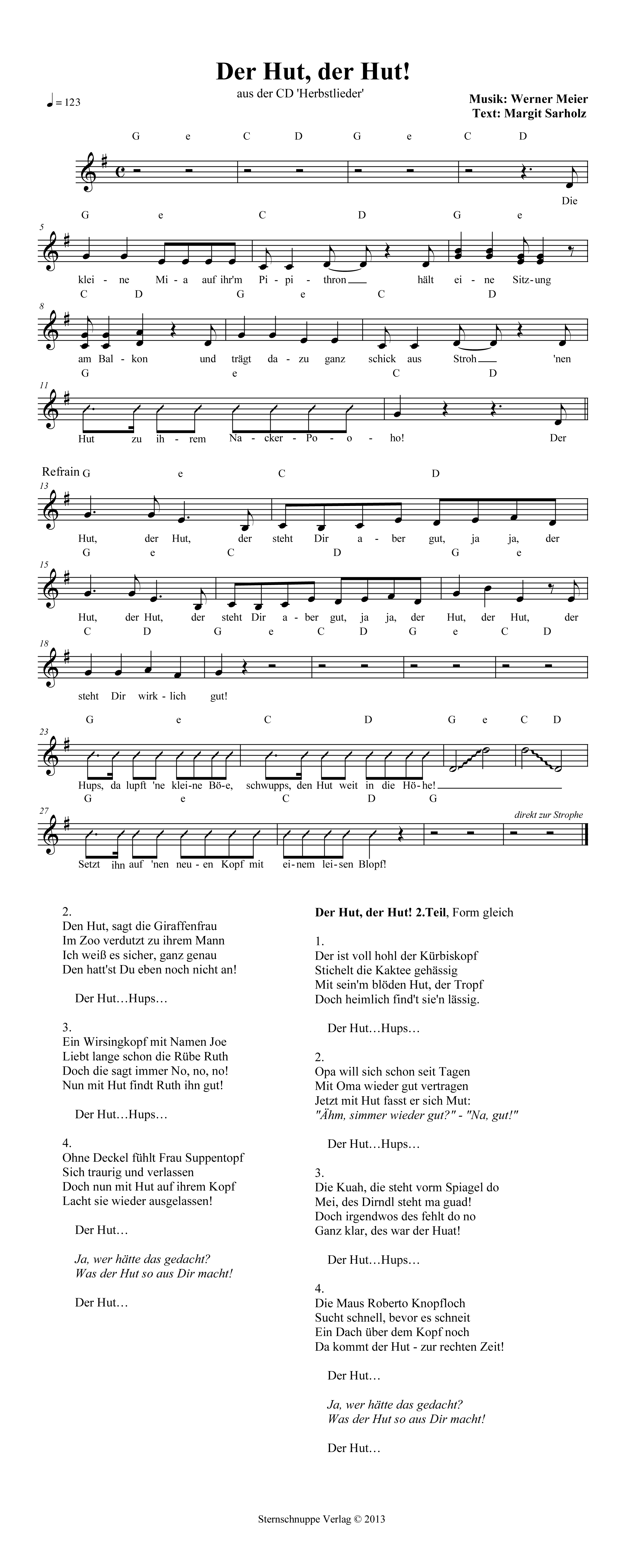 Liedtext, Akkorde und Noten vom Kinderlied Der Hut, der Hut! (Zweiter Flug)