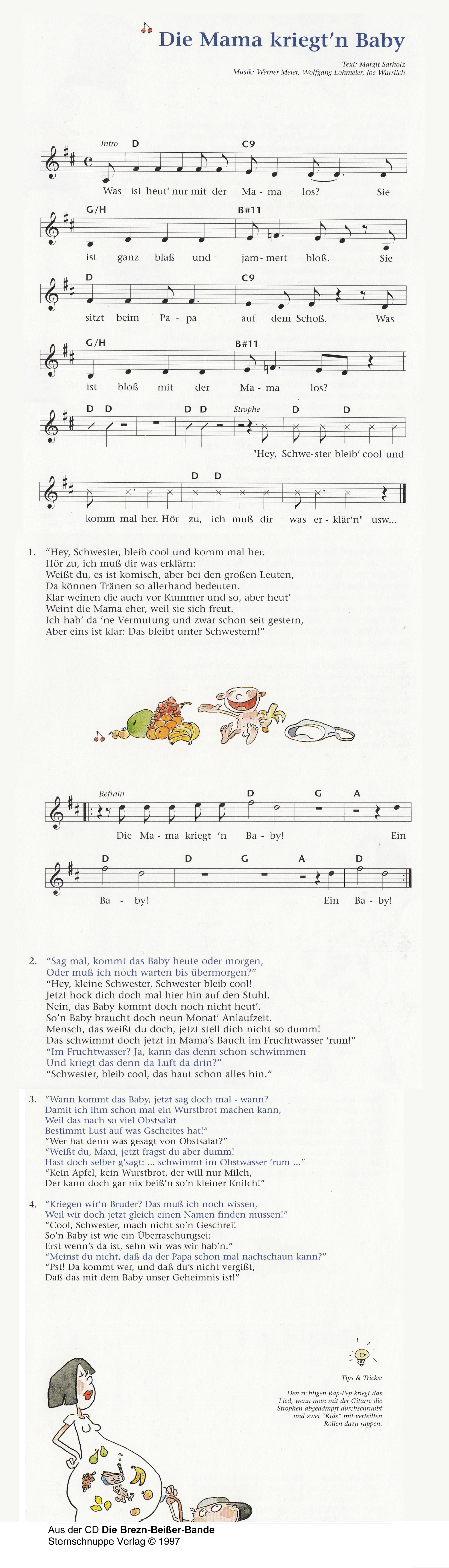 Liedtext, Akkorde und Noten vom Kinderlied Die Mama kriegt'n Baby