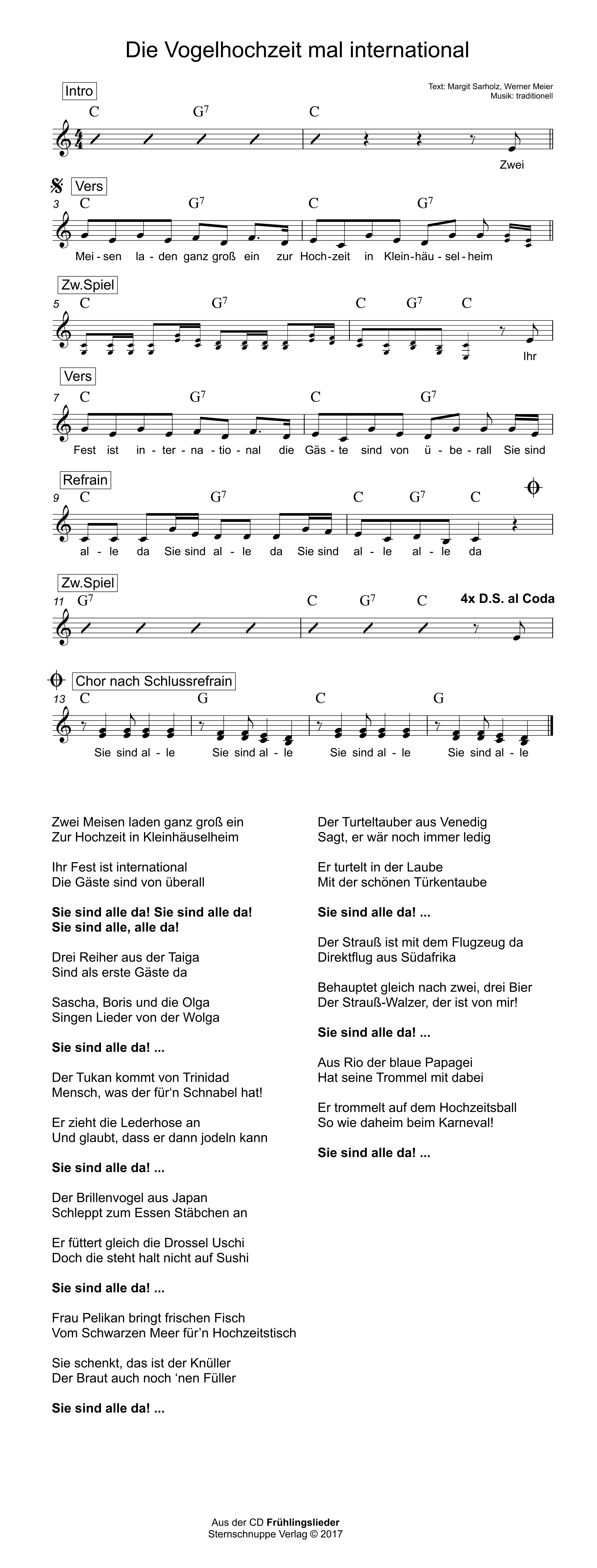 Liedtext, Akkorde und Noten vom Kinderlied Die Vogelhochzeit mal international