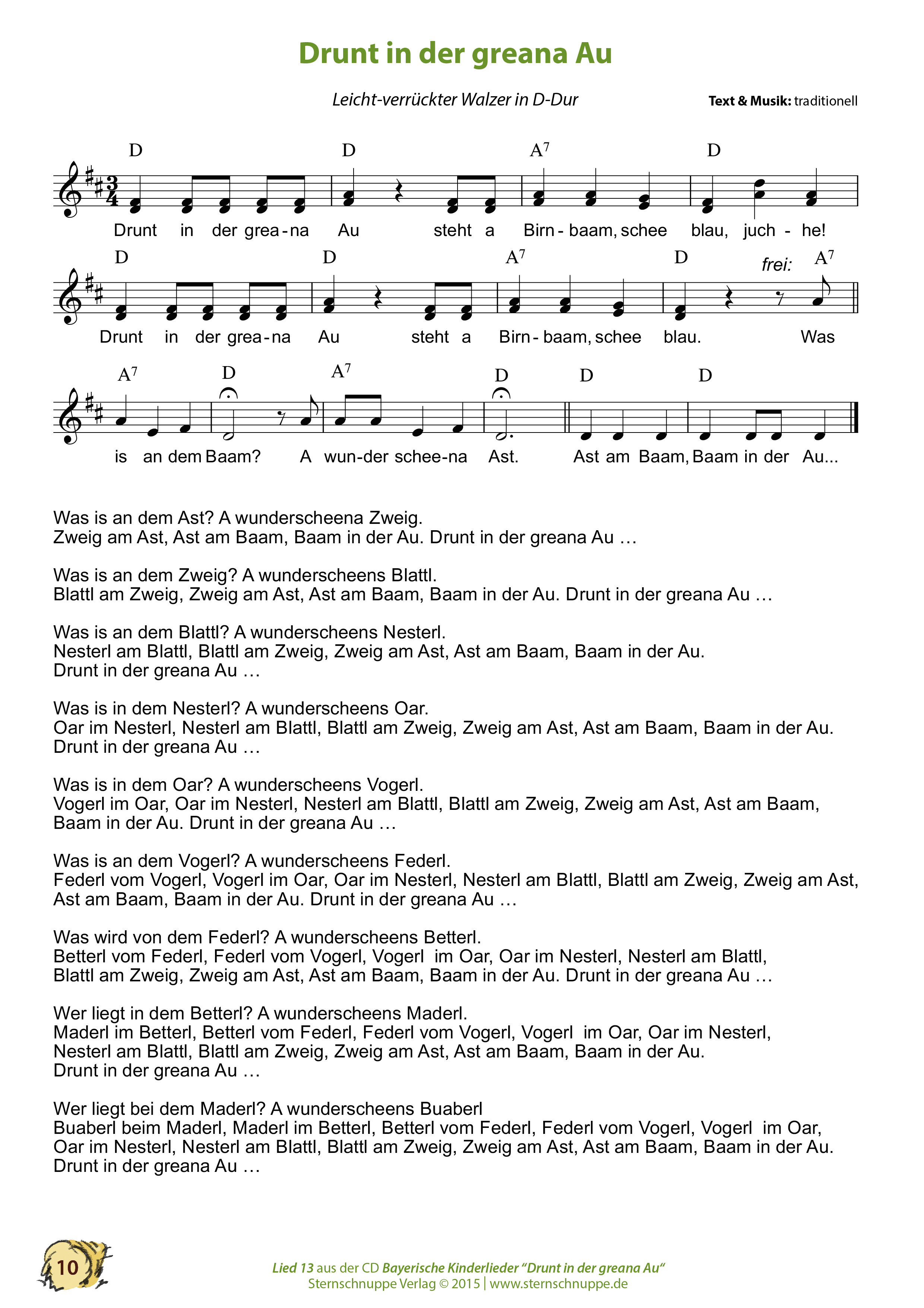 Liedtext, Akkorde und Noten vom Kinderlied Drunt in der greana Au