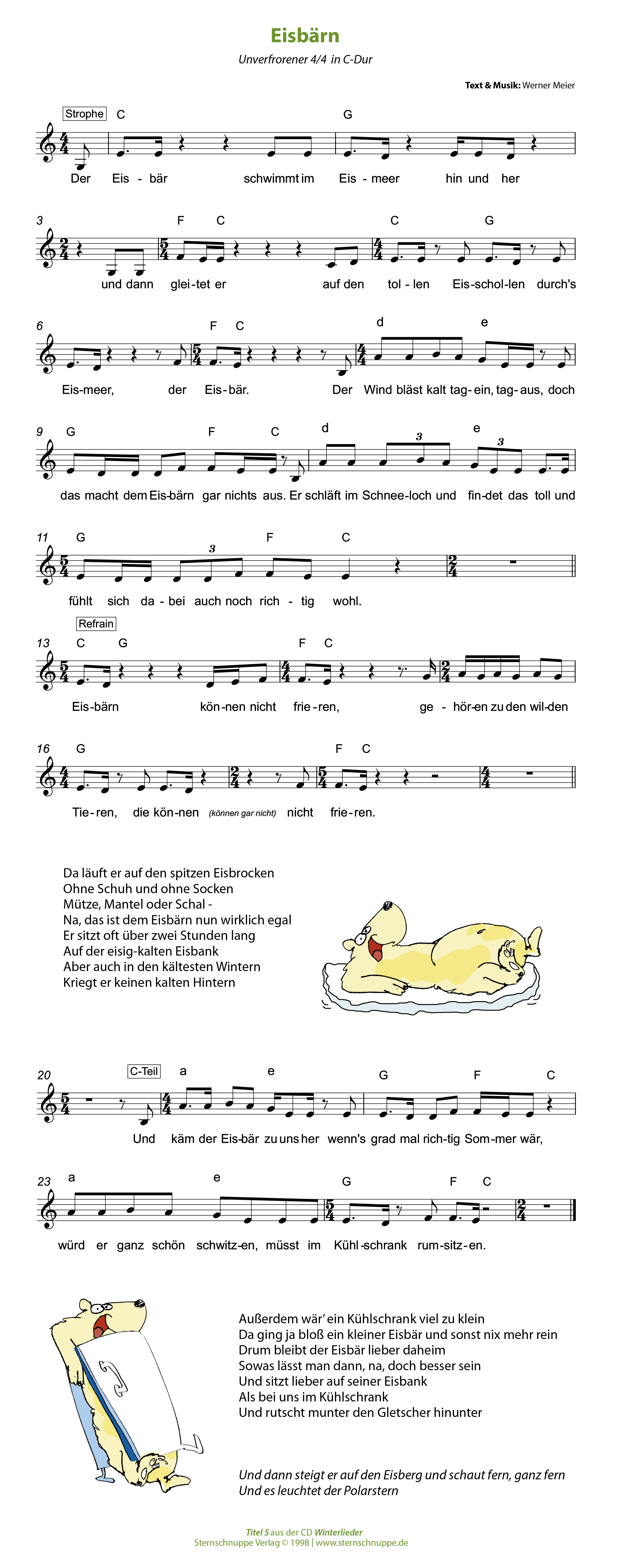 Liedtext, Akkorde und Noten vom Kinderlied Eisbärn
