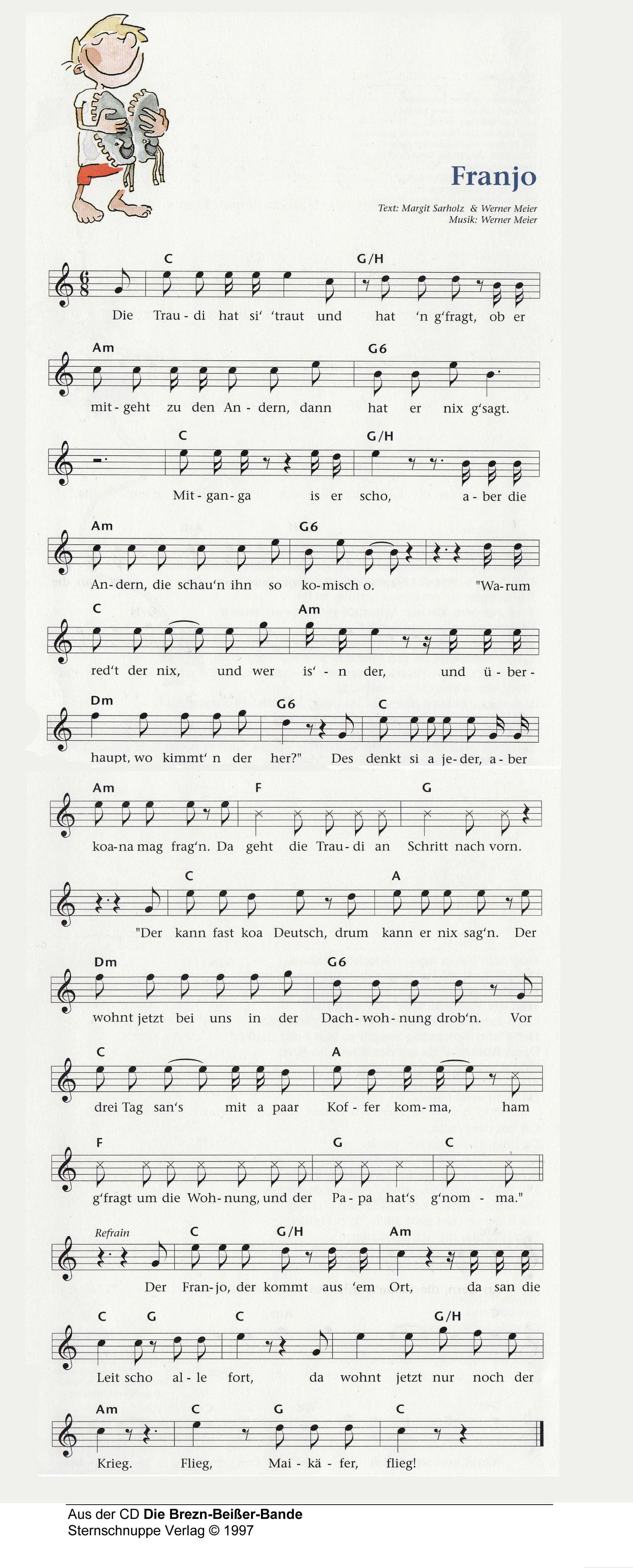 Liedtext, Akkorde und Noten vom Kinderlied Franjo