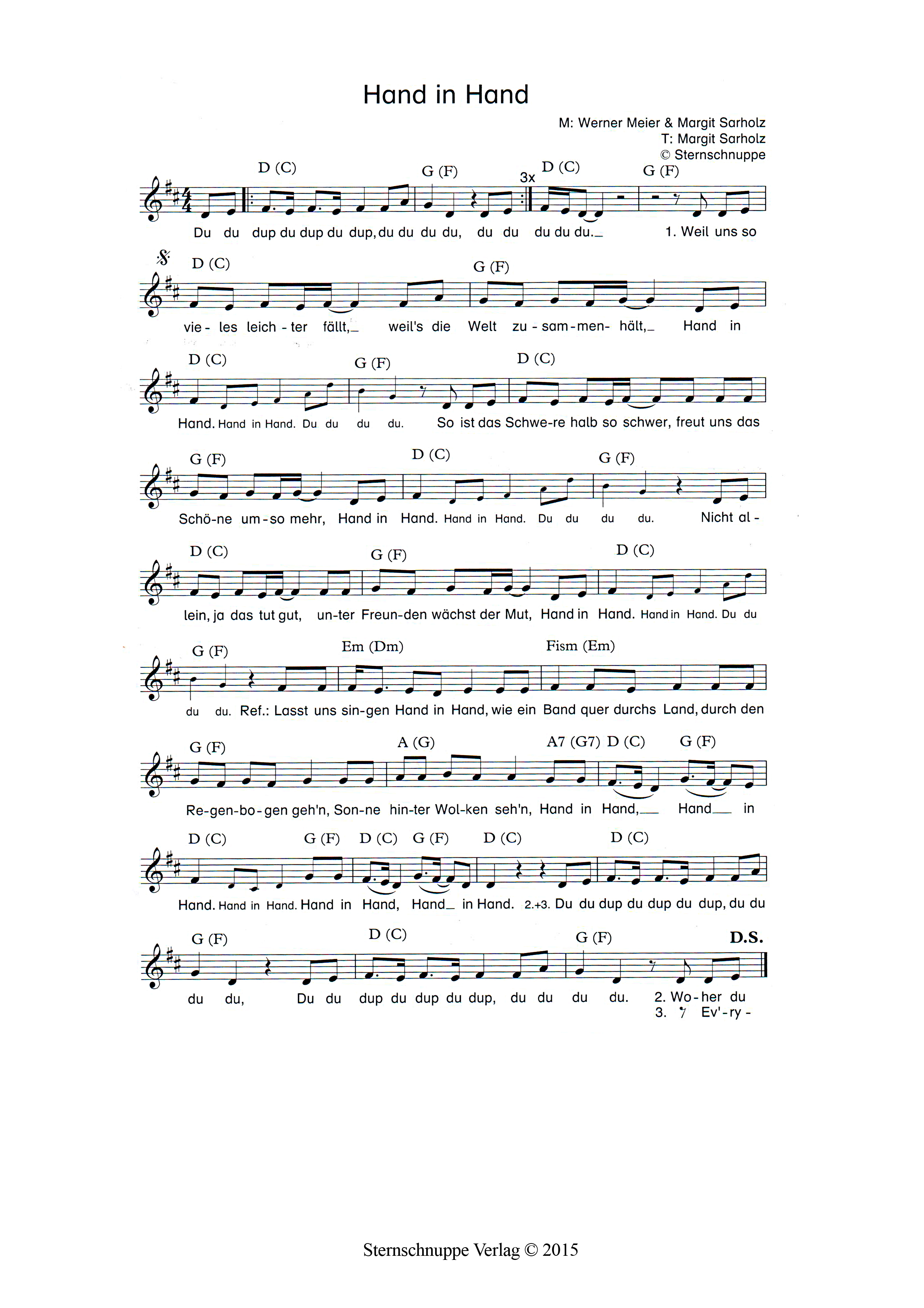 Akkorde und Noten vom Kinderlied Hand in Hand (Schüler-Hymne) Liedtext, Akkorde und Noten vom Kinderlied Hand in Hand (Schüler-Hymne)