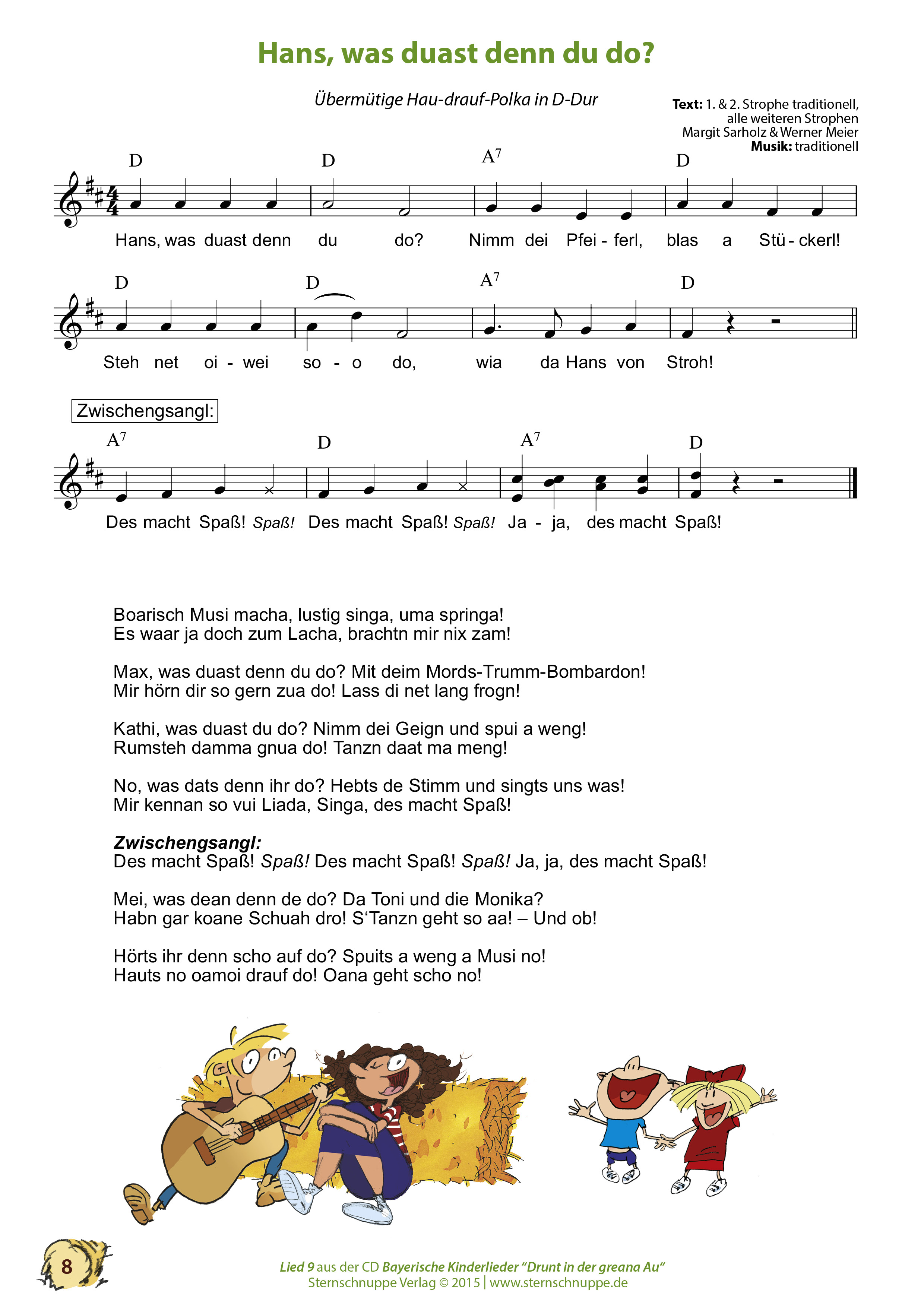 Liedtext, Akkorde und Noten vom Kinderlied Hans, was duast denn Du do?