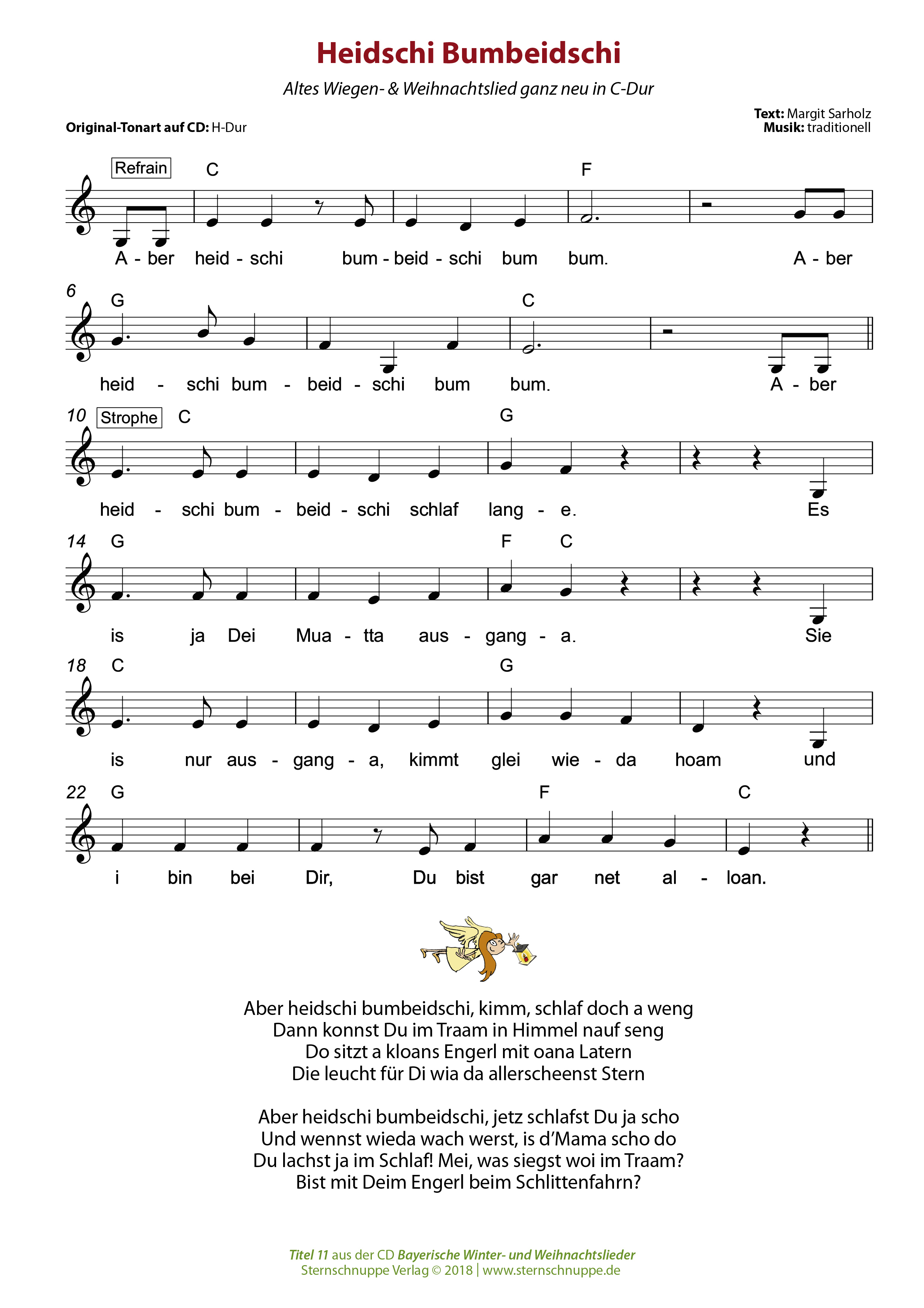 Liedtext, Akkorde und Noten vom Kinderlied Heidschi Bumbeidschi