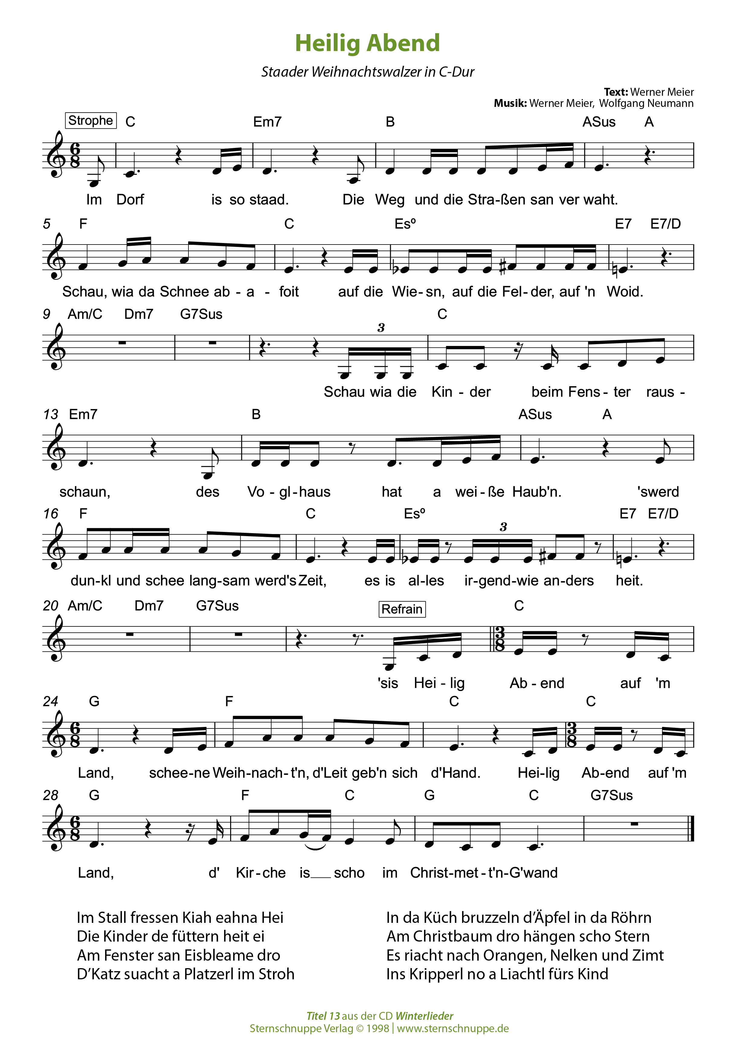 Liedtext, Akkorde und Noten vom Kinderlied Heilig Abend