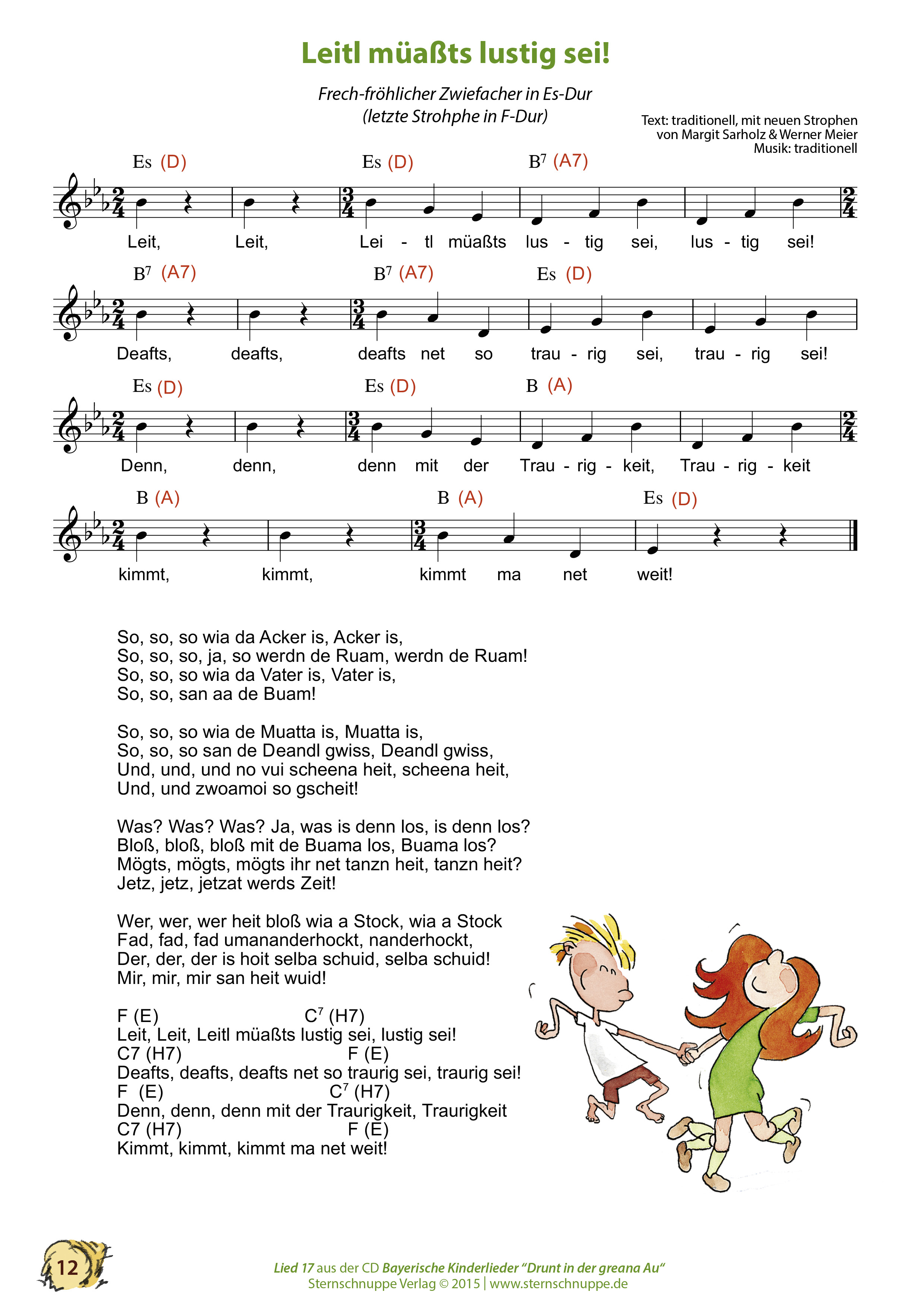 Liedtext, Akkorde und Noten vom Kinderlied Leitl müaßts lustig sei!