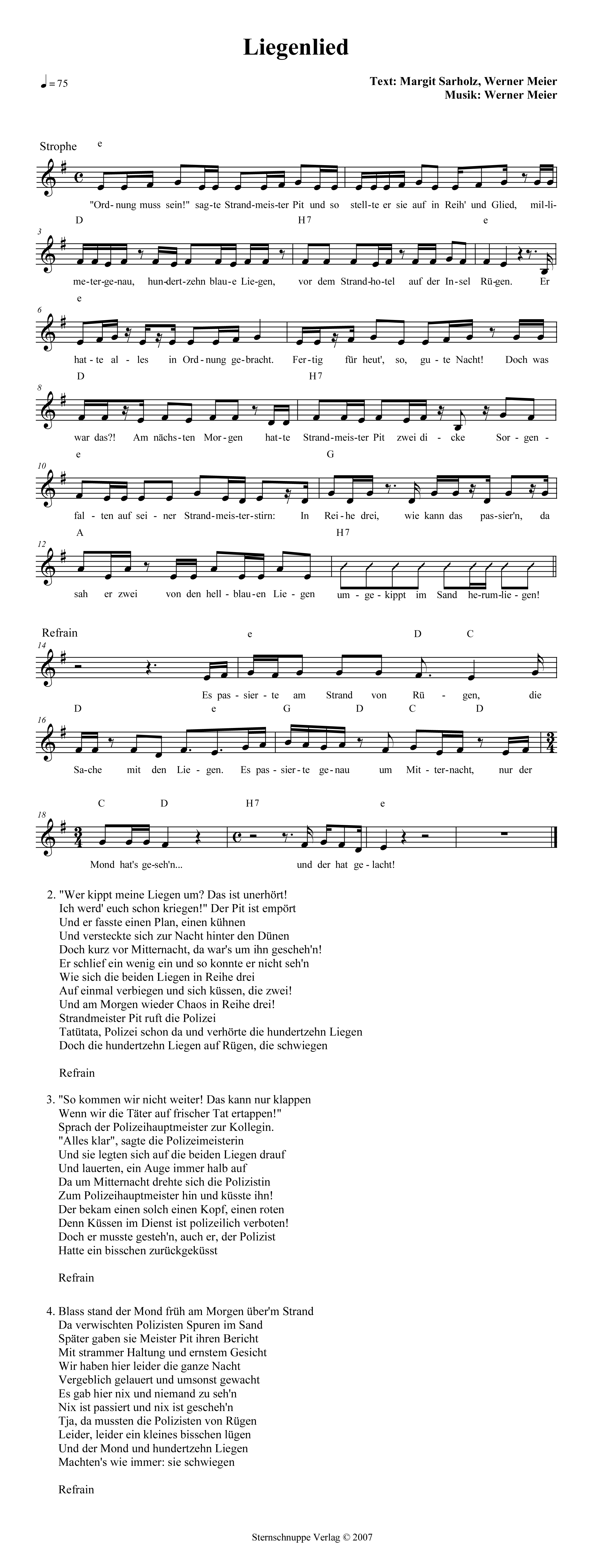 Liedtext, Akkorde und Noten vom Kinderlied Liegenlied