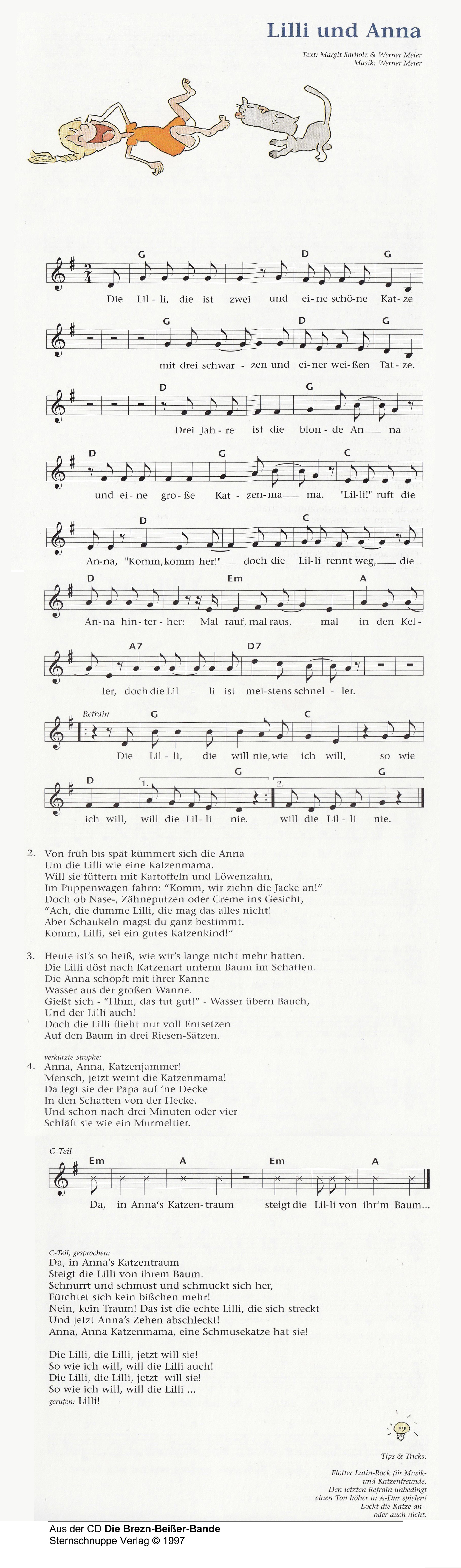 Liedtext, Akkorde und Noten vom Kinderlied Lilli und Anna