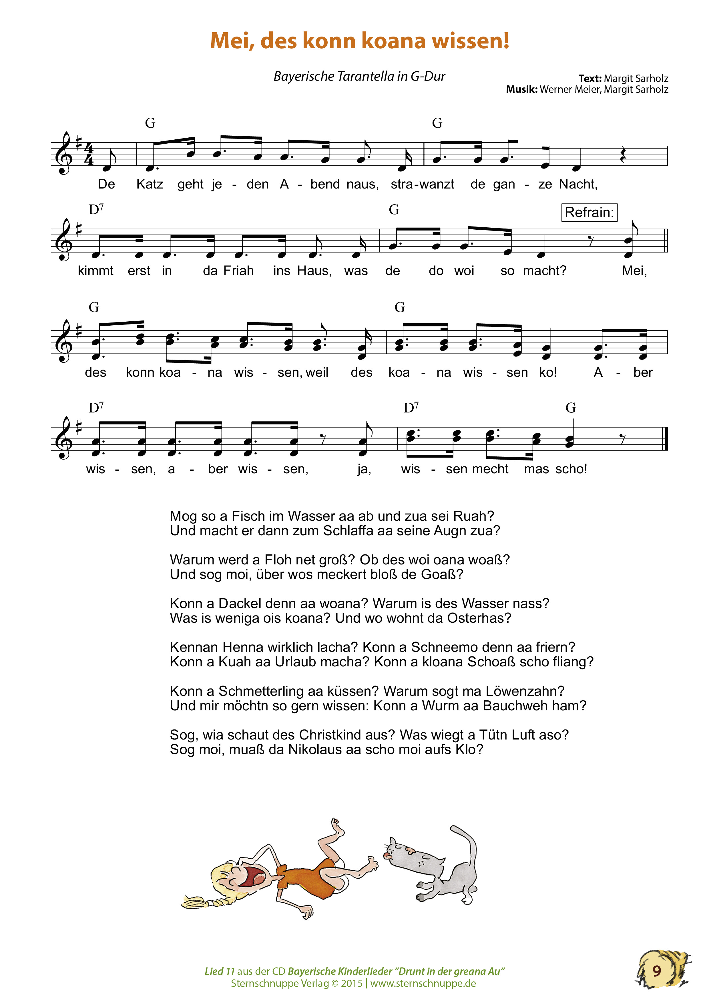 Liedtext, Akkorde und Noten vom Kinderlied Mei, des konn koana wissen!