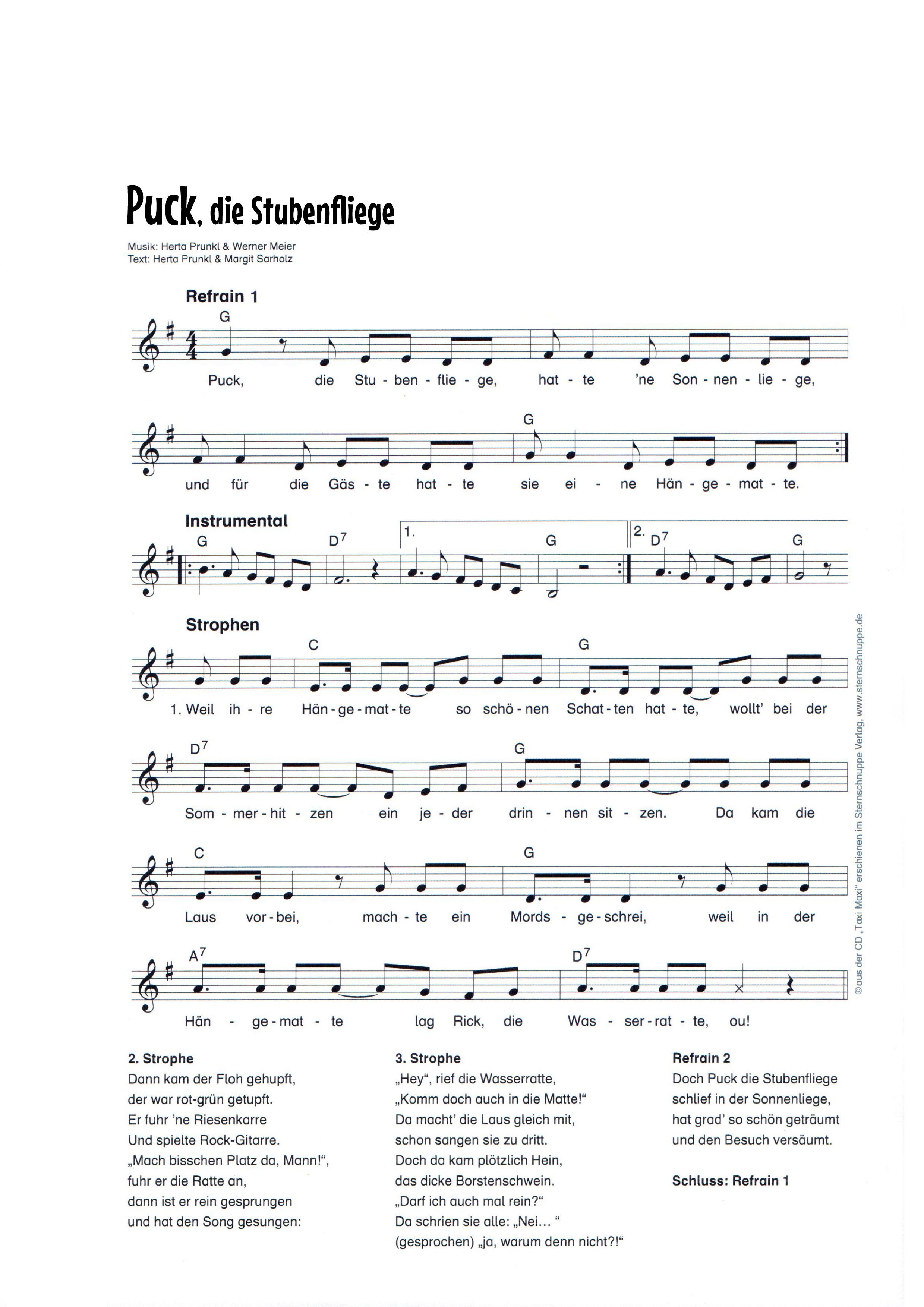 Liedtext, Akkorde und Noten vom Kinderlied Puck, die Stubenfliege