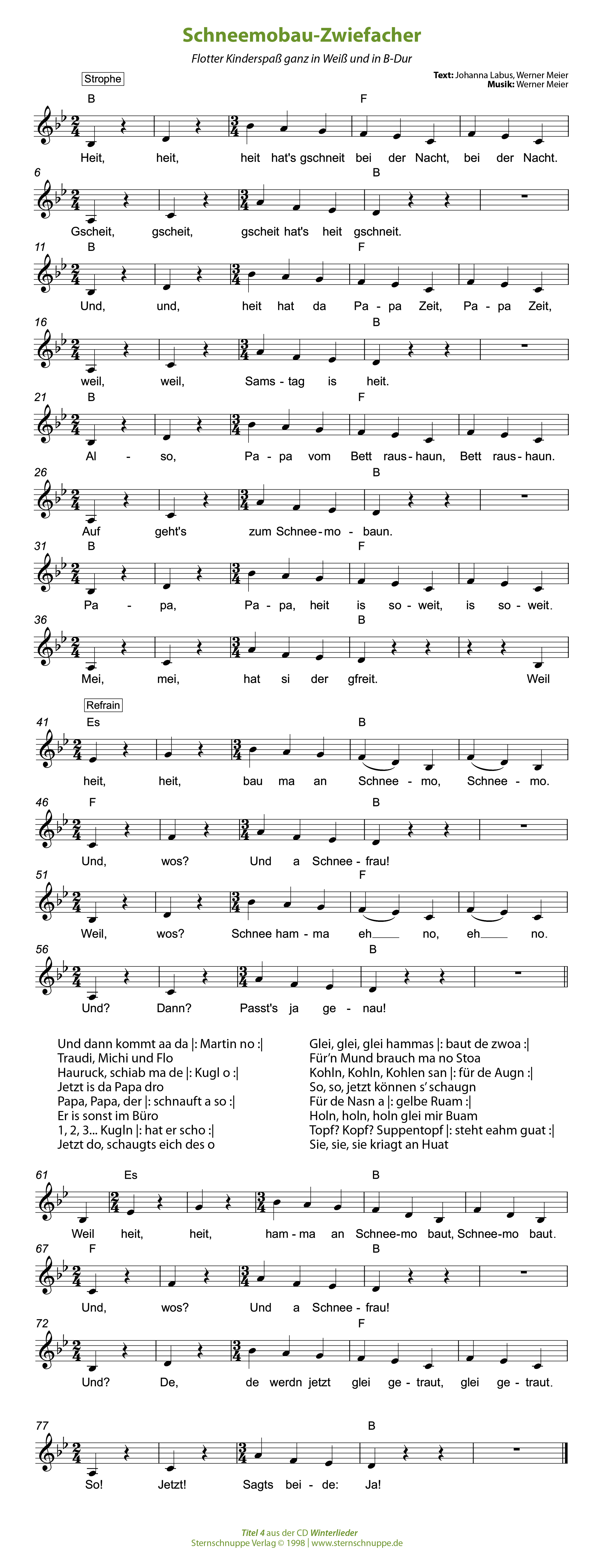 Liedtext, Akkorde und Noten vom Kinderlied Schneemobau-Zwiefacher