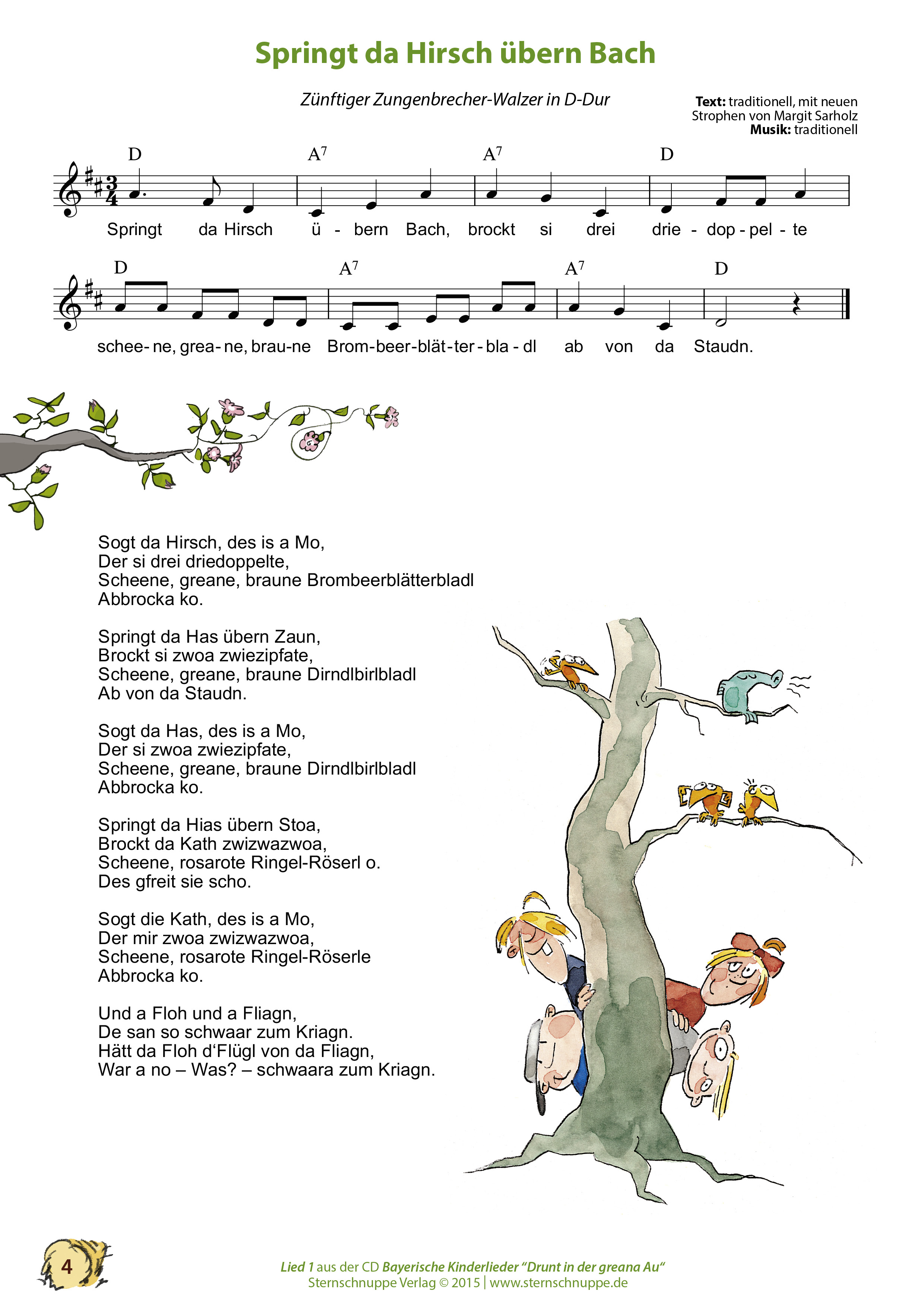 Liedtext, Akkorde und Noten vom Kinderlied Springt da Hirsch übern Bach