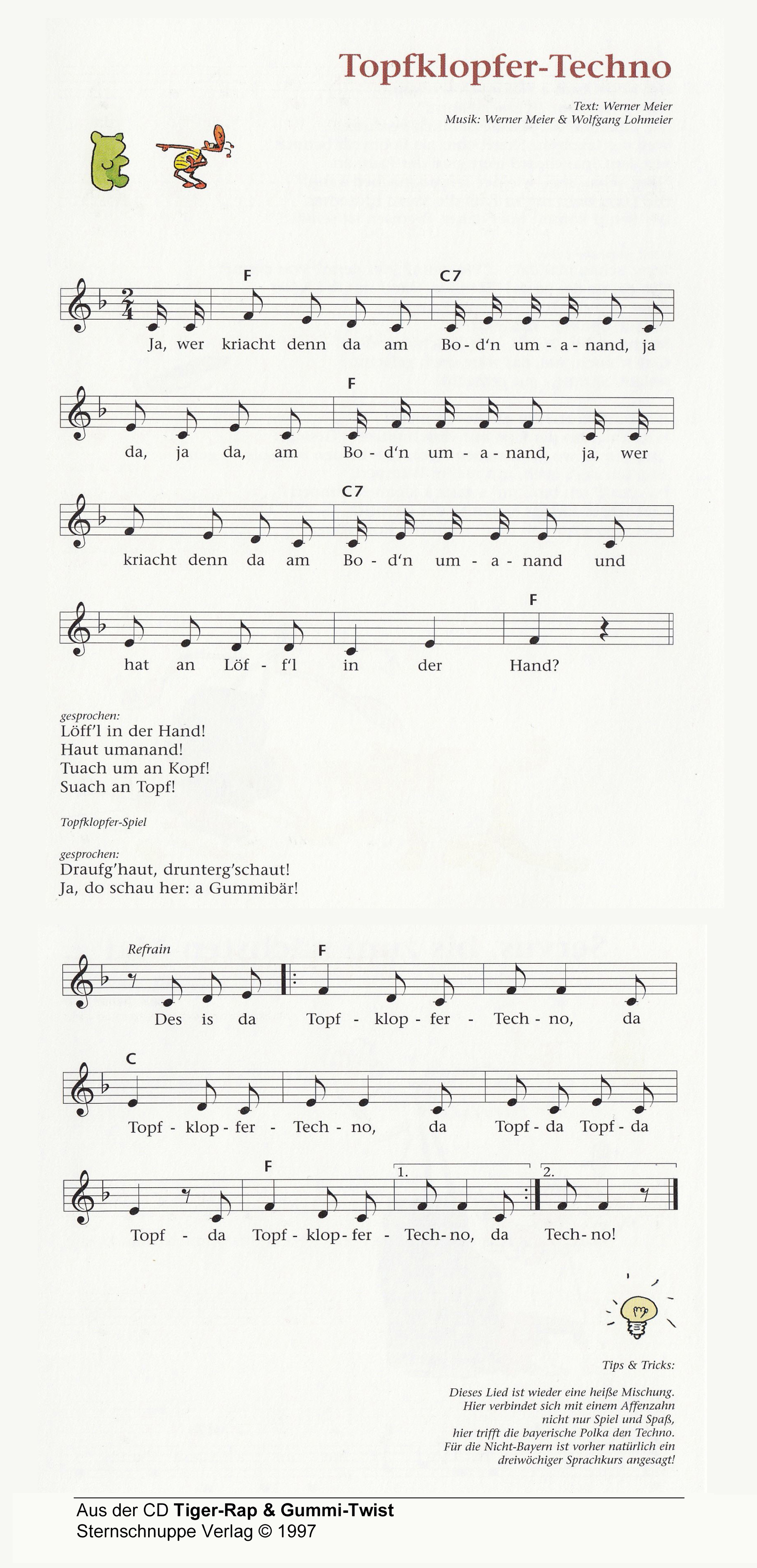 Liedtext, Akkorde und Noten vom Kinderlied Topfklopfer-Techno