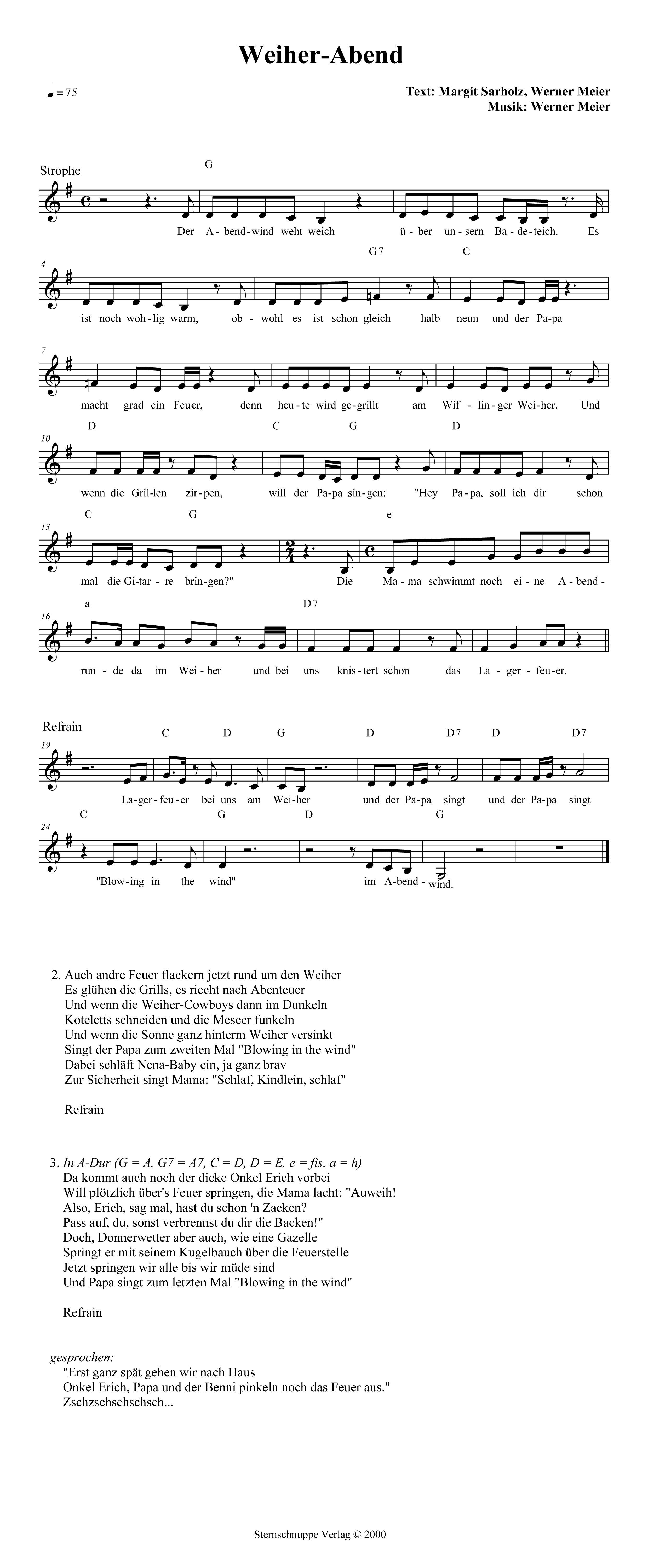 Liedtext, Akkorde und Noten vom Kinderlied Weiher-Abend