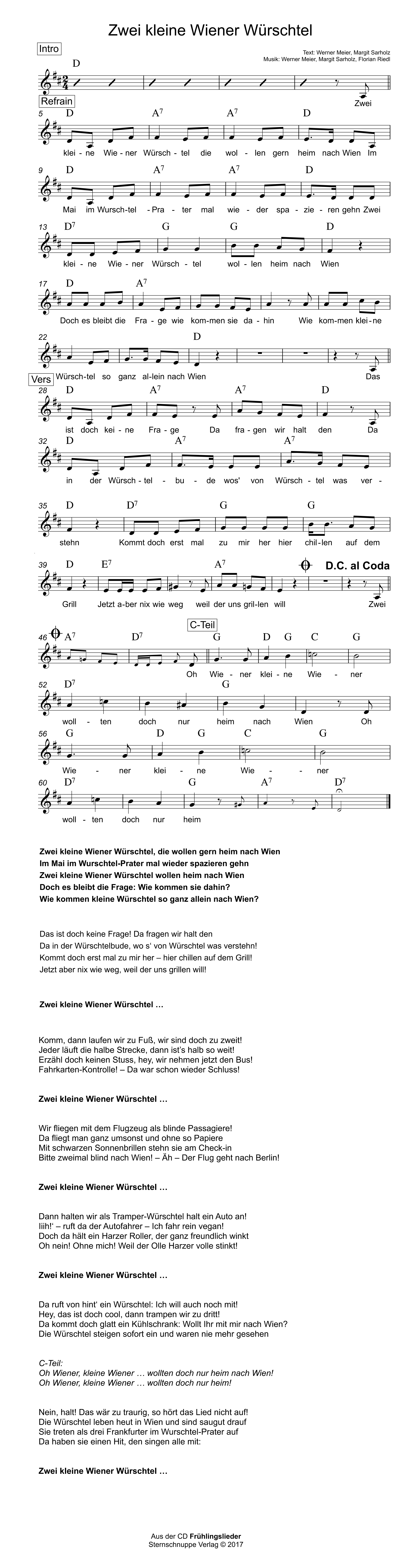 Liedtext, Akkorde und Noten vom Kinderlied Zwei kleine Wiener Würschtel